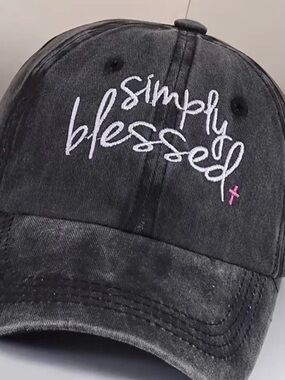 CC Boutique Black 'Simply Blessed' Embroidered Cap with Pink Cross